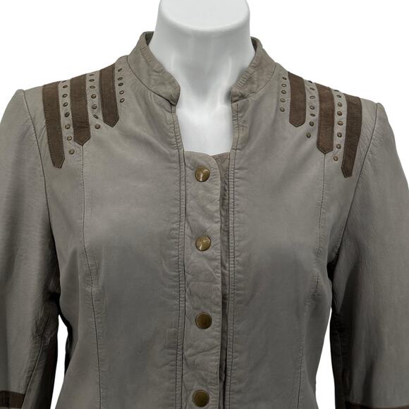 Provider Sunburst Leather Military Jacket Womens SZ XL Gray Studded Moto Chic - Picture 3 of 13